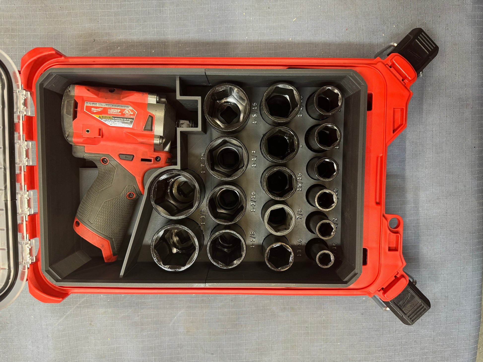Imperial / SAE Milwaukee Packout Full size Deep Impact Socket storage bin with M12 1/2' Wrench storage 49-66-7093 / 2555P-20