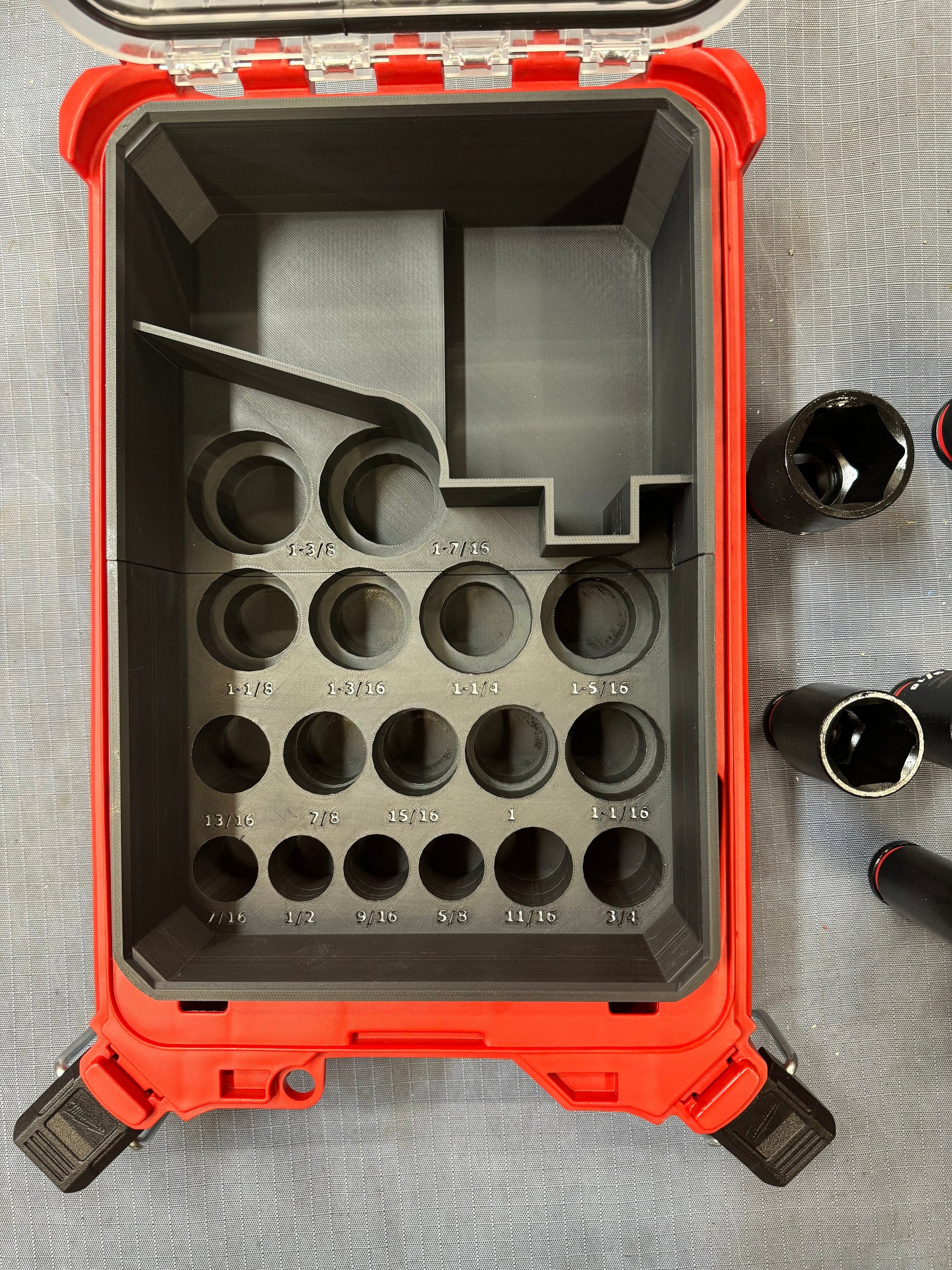 Imperial / SAE Milwaukee Packout Full size Deep Impact Socket storage bin with M12 1/2' Wrench storage 49-66-7093 / 2555P-20