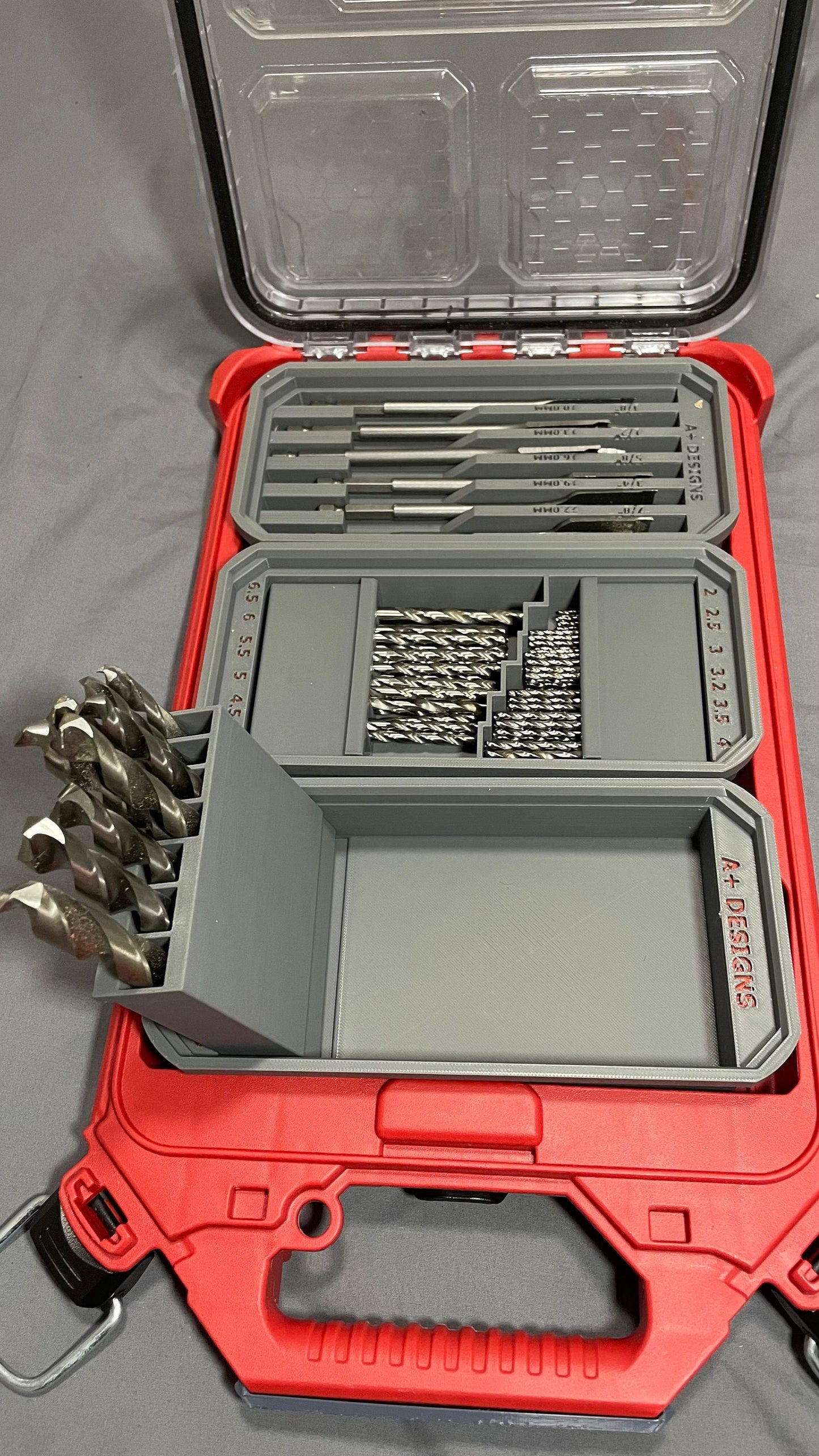 Milwaukee Packout Slim bins with flip out Metric Drill bit holders