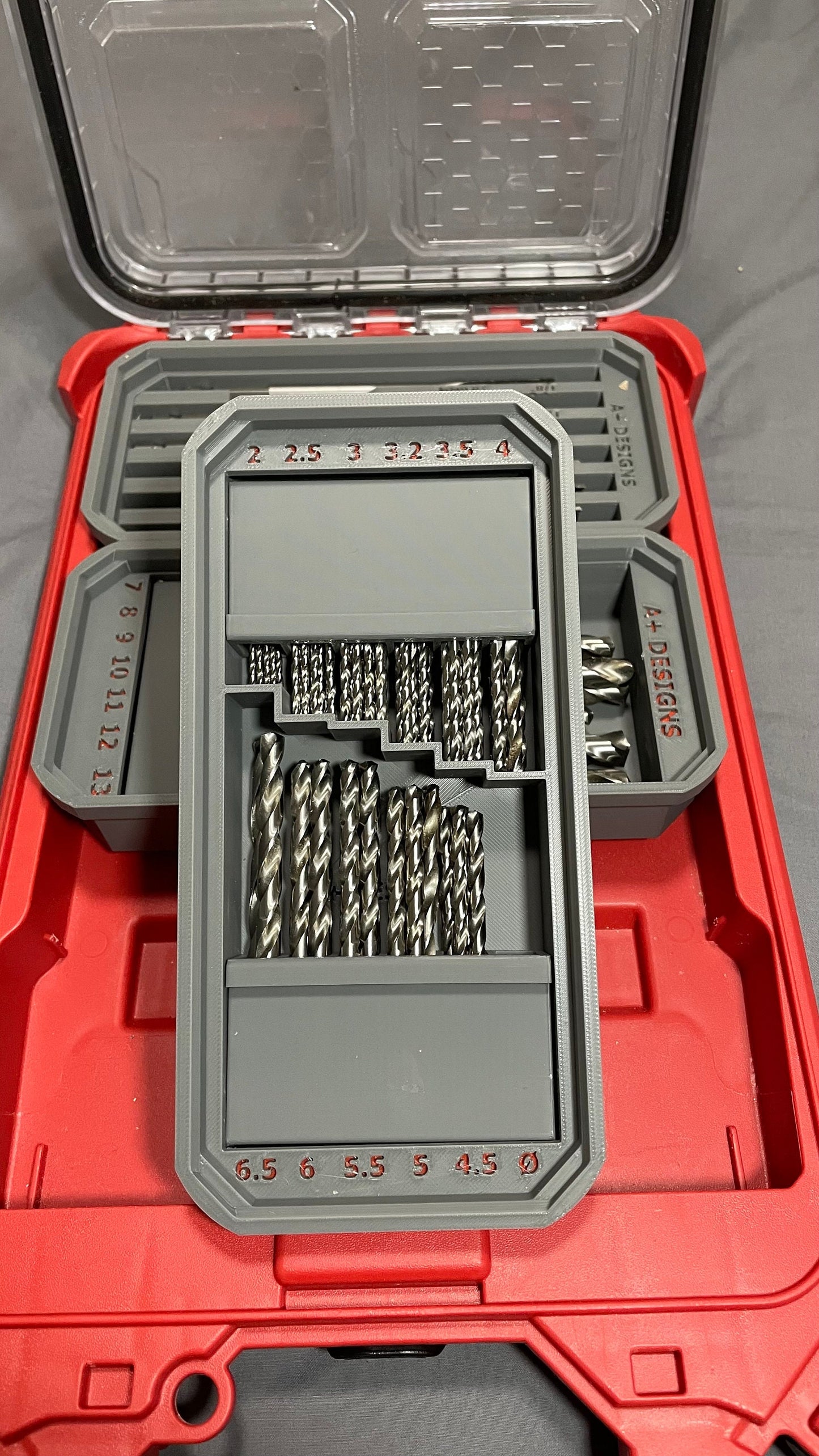 Milwaukee Packout Slim bins with flip out Metric Drill bit holders