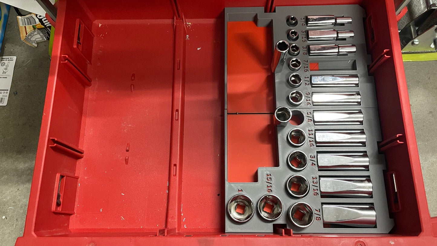 3D printed Packout insert for 3/8 Metric or/and SAE socket set for Milwaukee 3 DRAWER 48-22-8443