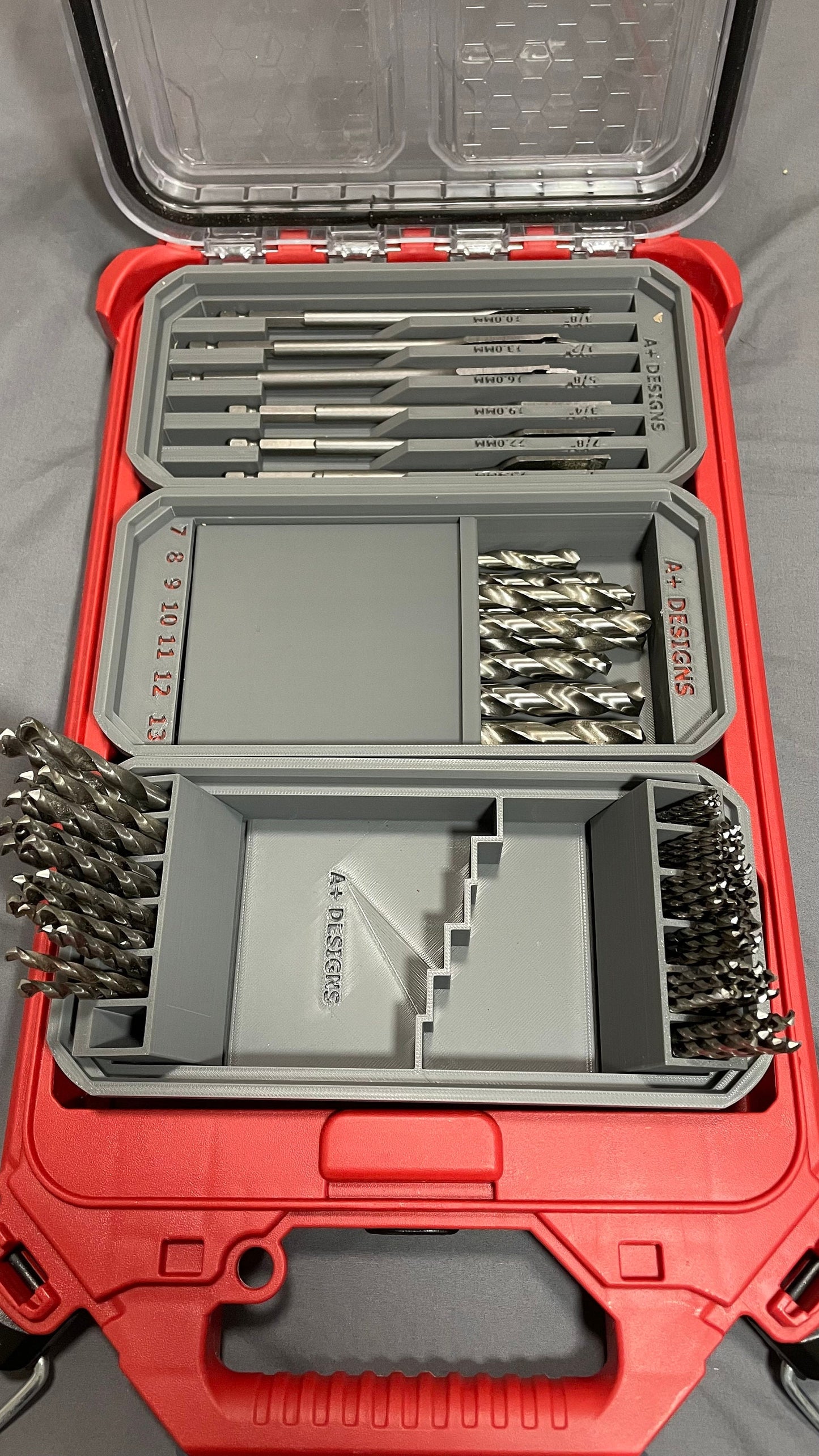 Milwaukee Packout Slim bins with flip out Metric Drill bit holders