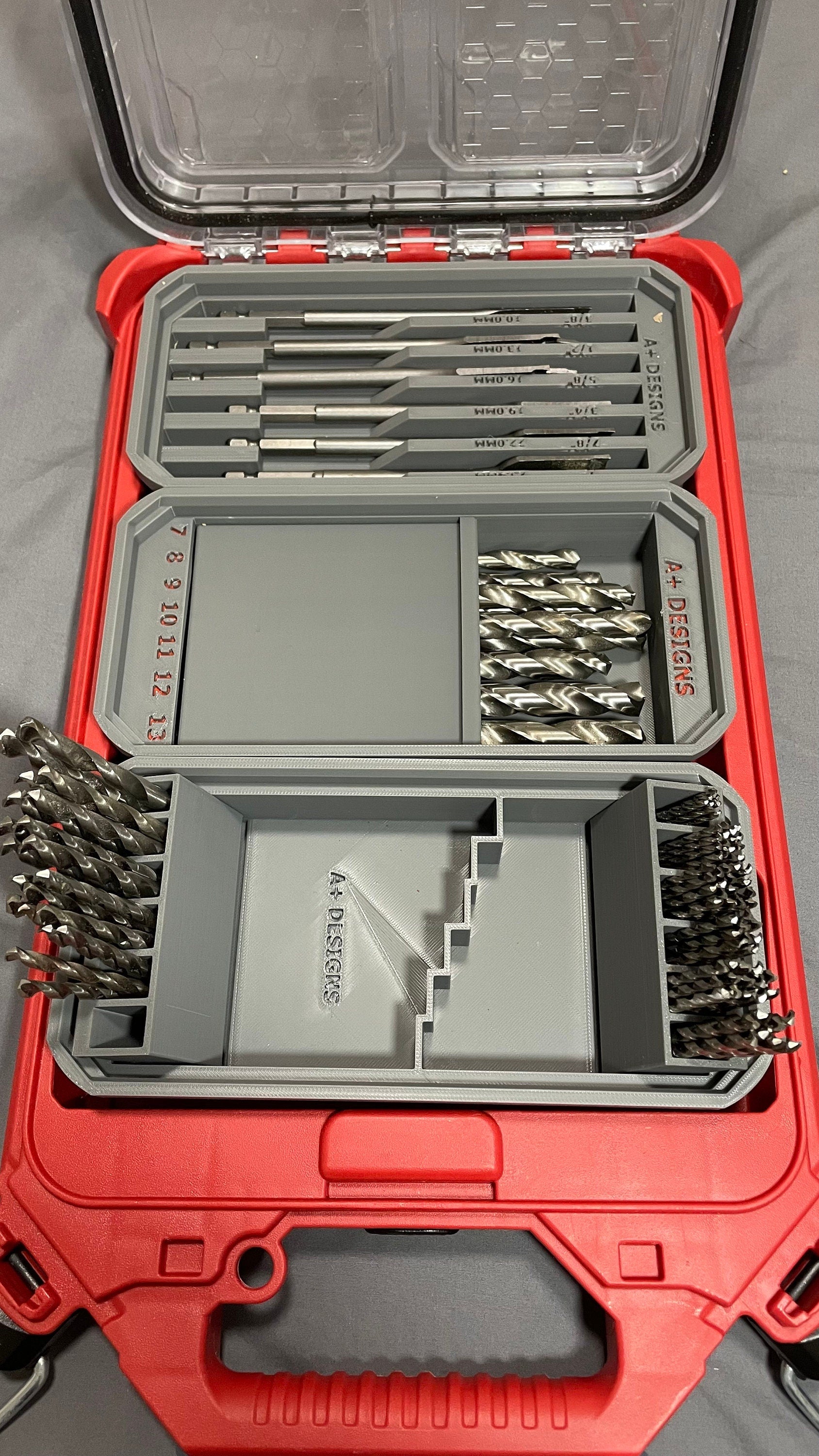 Milwaukee Packout Slim bins with flip out Metric Drill bit holders