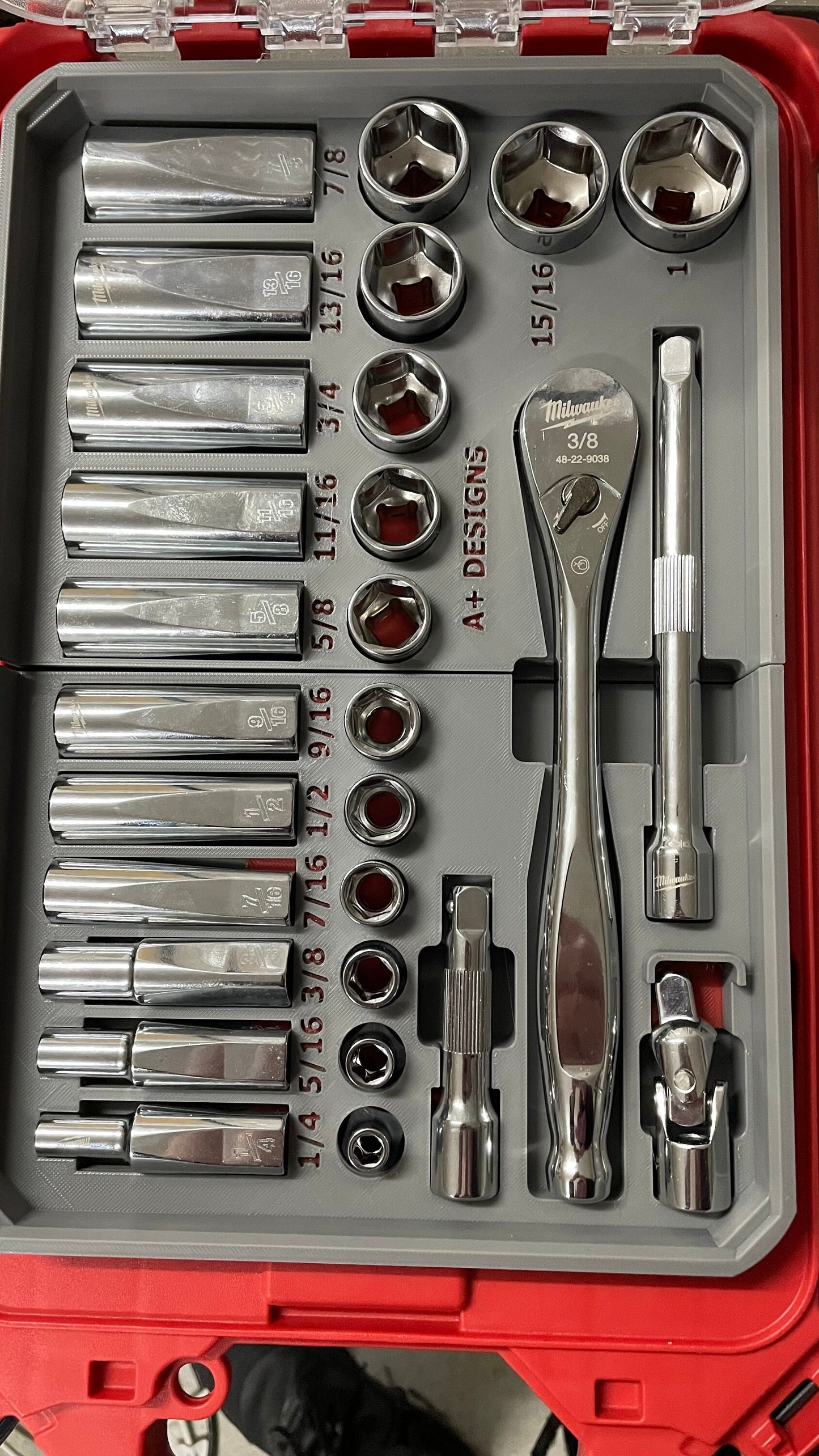 3D printed Packout insert for 3/8 Metric & SAE socket set for 48-22-9508 48-22-9408 Milwaukee Packout