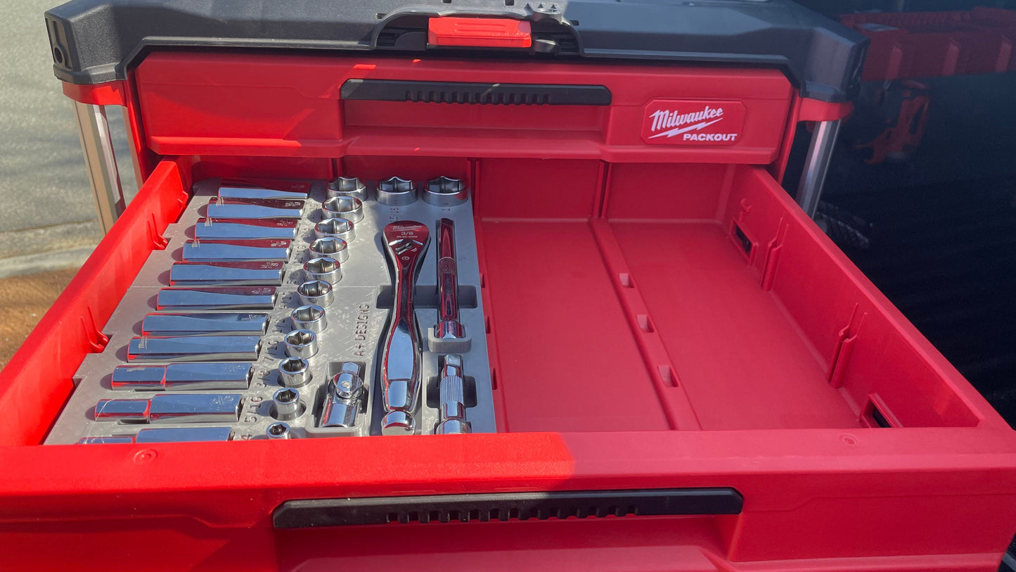 3D printed Milwaukee 3/8 ratcheting socket set holder for the 4 drawer Packout tool box (48-22-9408 & 48-22-9508)