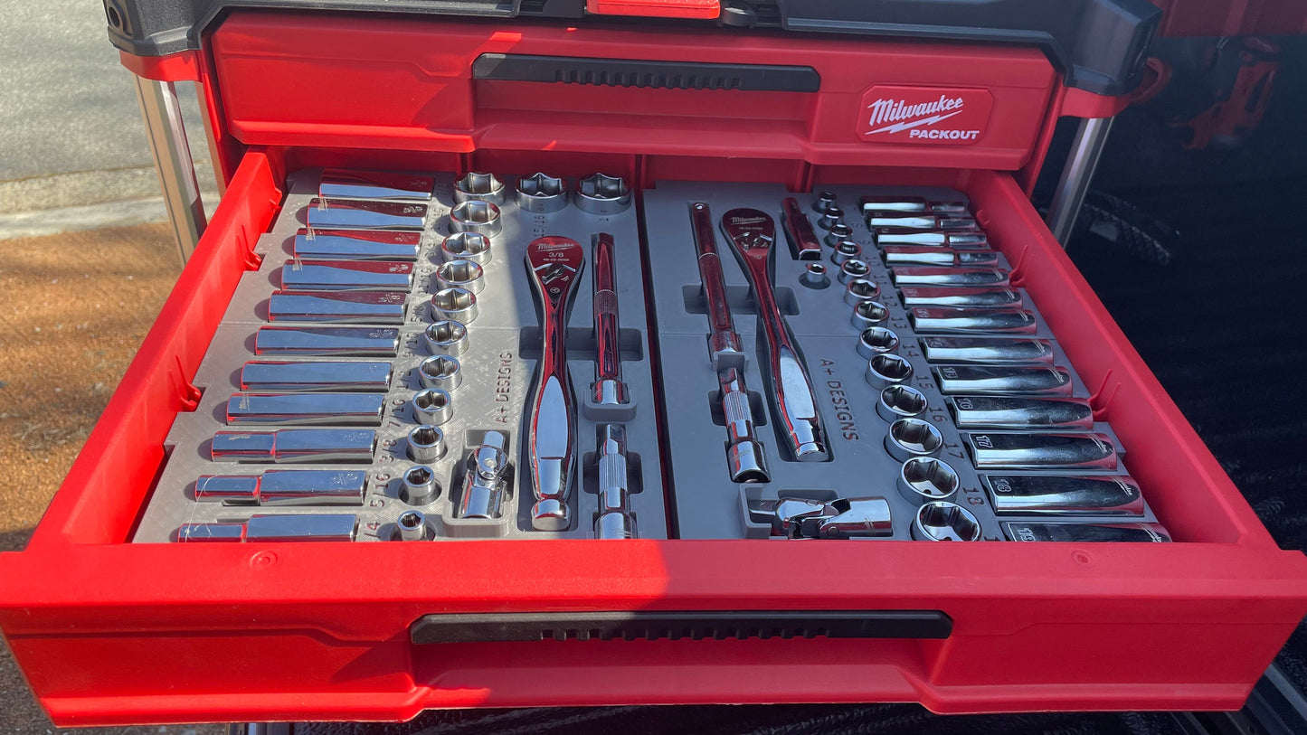 3D printed Milwaukee 3/8 ratcheting socket set holder for the 4 drawer Packout tool box (48-22-9408 & 48-22-9508)