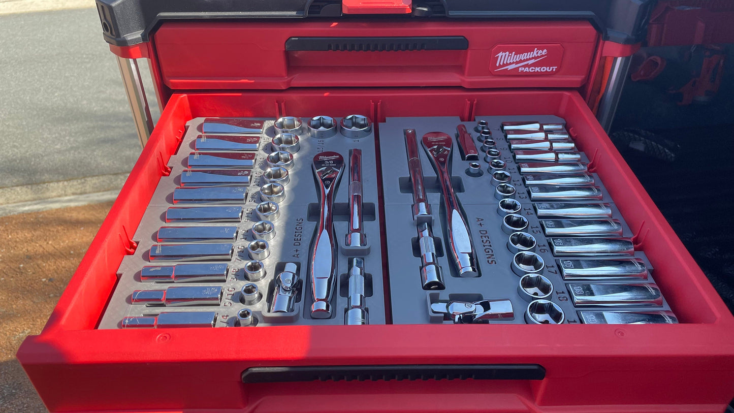 3D printed Milwaukee 3/8 ratcheting socket set holder for the 4 drawer Packout tool box (48-22-9408 & 48-22-9508)