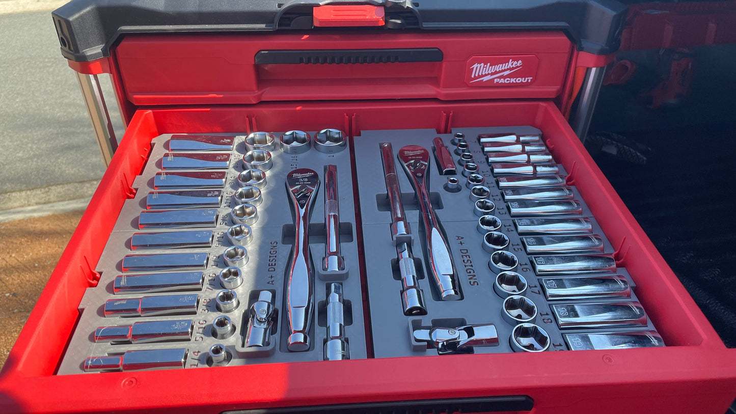 3D printed Milwaukee 3/8 ratcheting socket set holder for the 4 drawer Packout tool box (48-22-9408 & 48-22-9508)